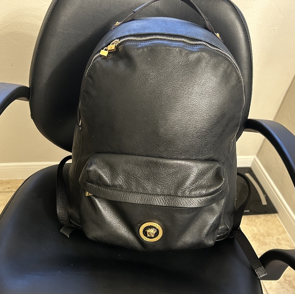 Versace Black Leather Backpack with Gold Accents